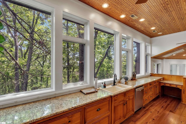 kitchen with a sink, dishwasher, wooden ceiling, wood-type flooring, and brown cabinetry