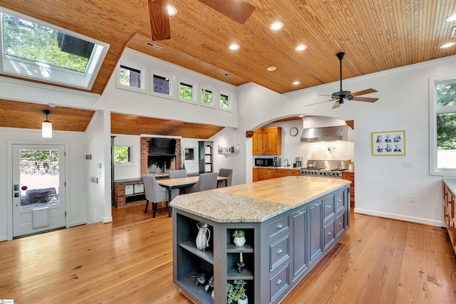 kitchen with wood ceiling, a ceiling fan, light wood finished floors, recessed lighting, and healthy amount of natural light