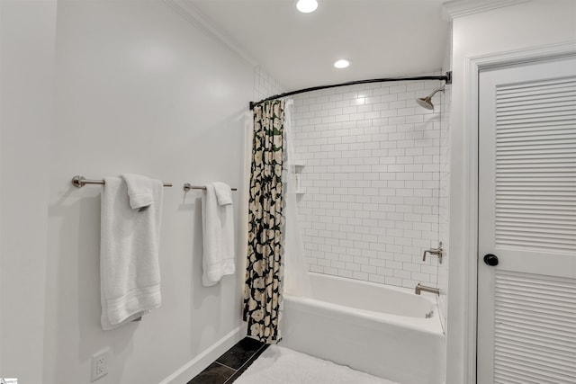 bathroom featuring recessed lighting, baseboards, and shower / bath combination with curtain