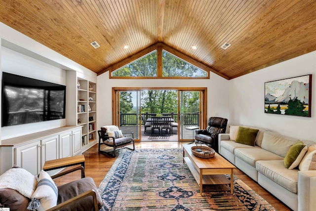 living room with wood finished floors, wooden ceiling, and high vaulted ceiling