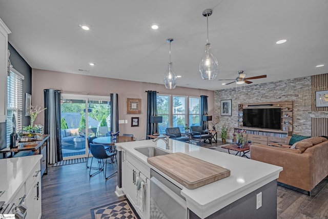 kitchen featuring stainless steel dishwasher, a sink, dark wood finished floors, open floor plan, and light countertops