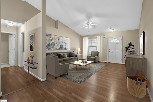 113 Glastonbury Dr, Greer, SC 29651 - living room featuring lofted ceiling, ceiling fan, wood finished floors, and baseboards