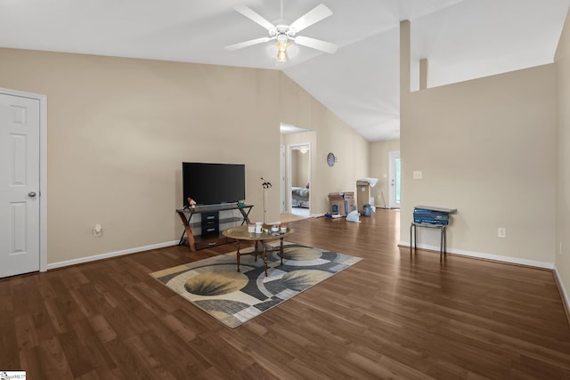 113 Glastonbury Dr, Greer, SC 29651 - living area featuring a ceiling fan, wood finished floors, baseboards, and high vaulted ceiling