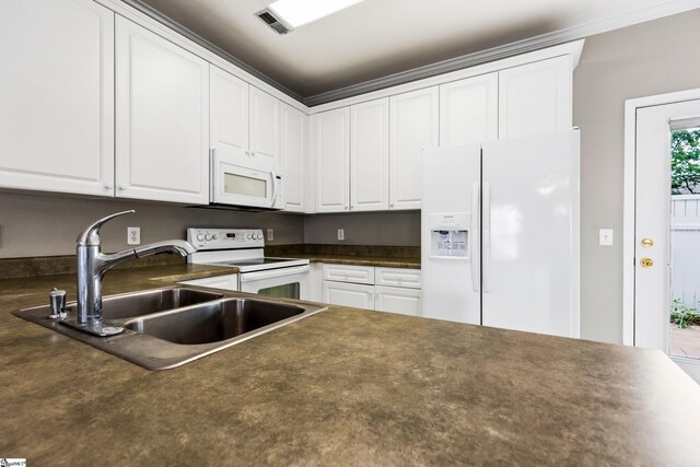 46 Ridgestone Cir, Mauldin, SC 29662 - kitchen with white appliances, dark countertops, a sink, and white cabinets