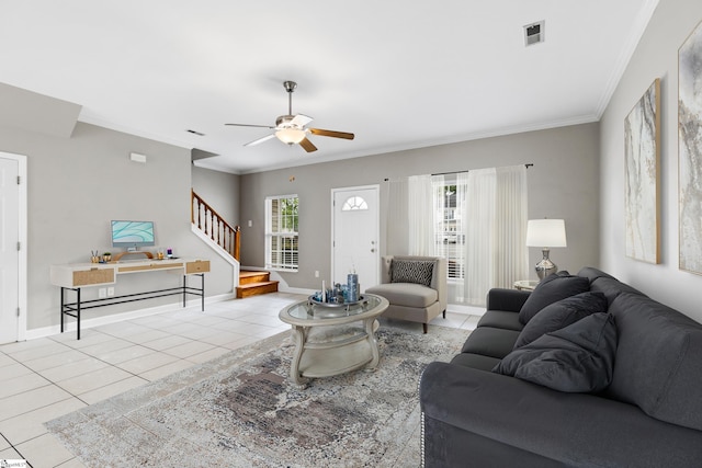 46 Ridgestone Cir, Mauldin, SC 29662 - tiled living room featuring a ceiling fan, crown molding, stairs, and baseboards