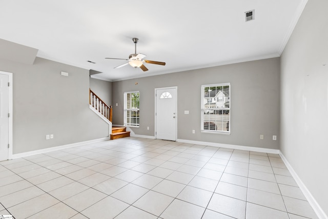 46 Ridgestone Cir, Mauldin, SC 29662 - entryway featuring a ceiling fan, crown molding, stairway, light tile patterned floors, and baseboards