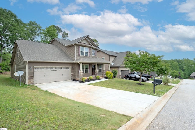 craftsman-style house featuring driveway, a garage, a front lawn, a porch, and roof with shingles