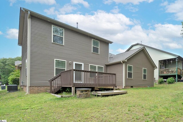 back of house with crawl space, central AC unit, a wooden deck, and a yard