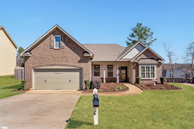 traditional-style house with brick siding, driveway, a front yard, and a shingled roof