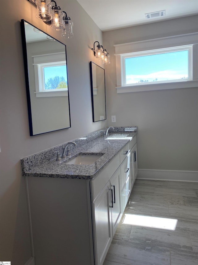 bathroom with baseboards, wood finished floors, and double vanity