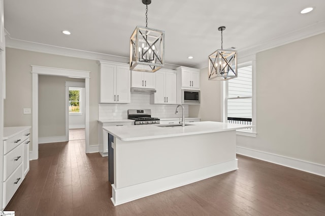 kitchen with a sink, stainless steel appliances, a chandelier, crown molding, and baseboards