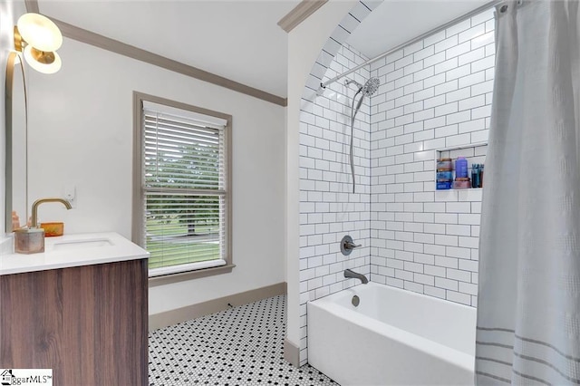 118 Briar Patch Rd, Anderson, SC 29621 - bathroom with shower / bath combo with shower curtain, tile patterned floors, crown molding, and vanity