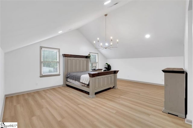 118 Briar Patch Rd, Anderson, SC 29621 - bedroom with vaulted ceiling, light wood-style flooring, a chandelier, baseboards, and recessed lighting