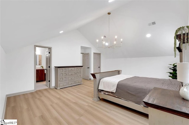 118 Briar Patch Rd, Anderson, SC 29621 - bedroom featuring vaulted ceiling, light wood-type flooring, a chandelier, ensuite bathroom, and recessed lighting