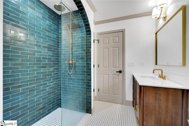 118 Briar Patch Rd, Anderson, SC 29621 - bathroom featuring crown molding, a tile shower, vanity, and tile patterned floors
