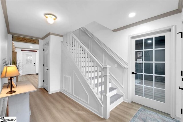 118 Briar Patch Rd, Anderson, SC 29621 - staircase with wood finished floors, crown molding, baseboards, and recessed lighting