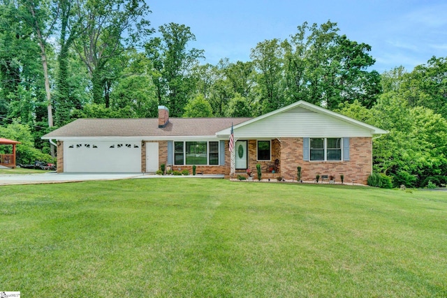 ranch-style home featuring an attached garage, driveway, a chimney, a front lawn, and brick siding