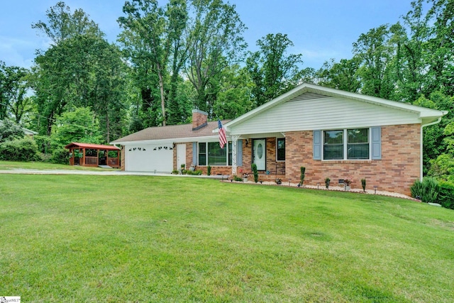 ranch-style home with brick siding, a front yard, a chimney, and a garage