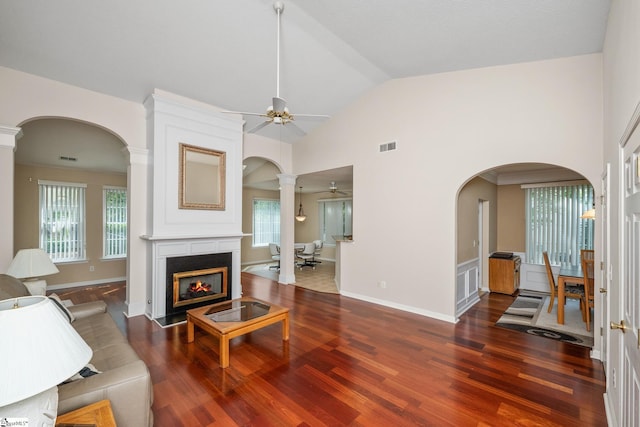 325 Waterton Way, Simpsonville, SC 29680 - living area with a ceiling fan, wood finished floors, arched walkways, a glass covered fireplace, and plenty of natural light