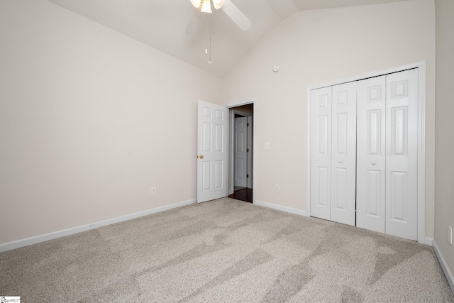 325 Waterton Way, Simpsonville, SC 29680 - unfurnished bedroom featuring carpet flooring, high vaulted ceiling, a closet, a ceiling fan, and baseboards