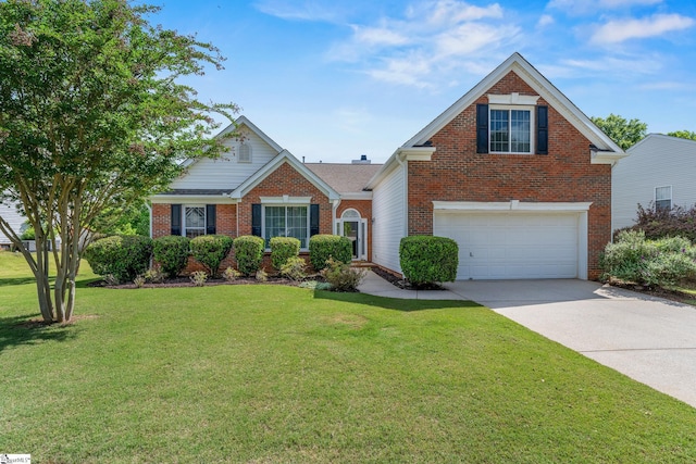 325 Waterton Way, Simpsonville, SC 29680 - view of front of house featuring brick siding, a garage, driveway, and a front lawn
