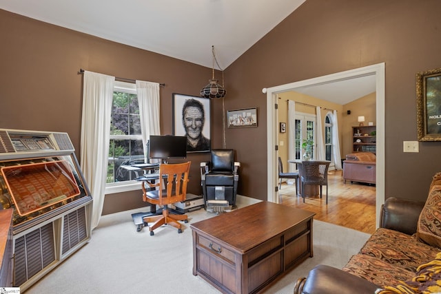 6 Pebble Stone Ln, Taylors, SC 29687 - living area with vaulted ceiling, french doors, a desk, and baseboards