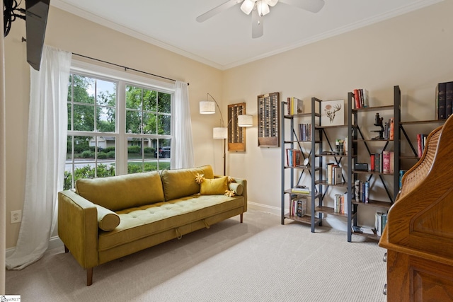 6 Pebble Stone Ln, Taylors, SC 29687 - living area featuring a ceiling fan, ornamental molding, baseboards, and carpet