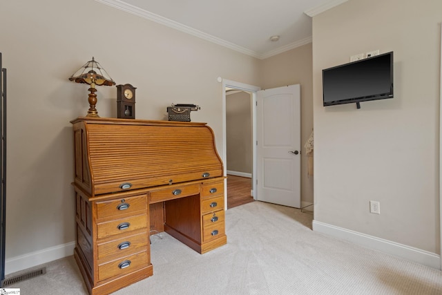 6 Pebble Stone Ln, Taylors, SC 29687 - office area featuring crown molding, light carpet, and baseboards