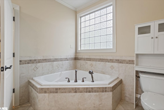 6 Pebble Stone Ln, Taylors, SC 29687 - full bath with crown molding, a garden tub, toilet, tile patterned floors, and tile walls