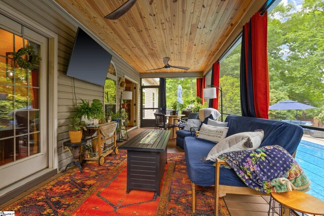 6 Pebble Stone Ln, Taylors, SC 29687 - sunroom featuring ceiling fan, an outdoor hangout area, wood ceiling, and healthy amount of natural light