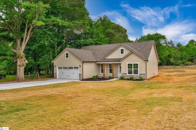 107A W Stewart St, Pelzer, SC 29669 - view of front of house with concrete driveway, stone siding, a shingled roof, a front yard, and an attached garage