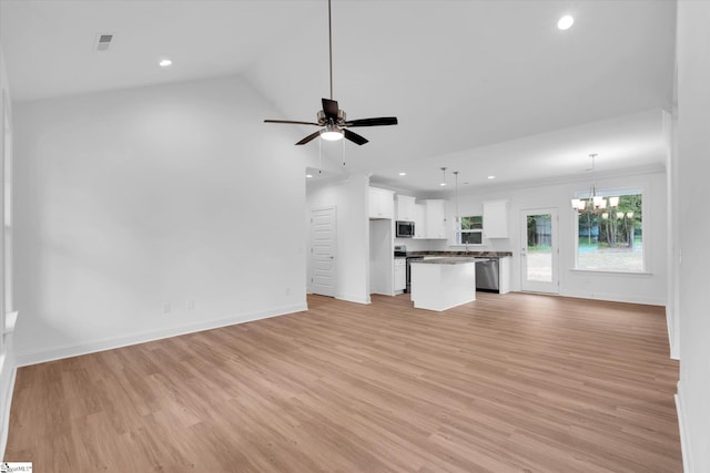 107A W Stewart St, Pelzer, SC 29669 - unfurnished living room with recessed lighting, light wood-style floors, baseboards, a ceiling fan, and lofted ceiling