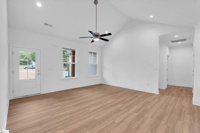 107A W Stewart St, Pelzer, SC 29669 - unfurnished living room with ceiling fan, lofted ceiling, light wood-type flooring, recessed lighting, and baseboards