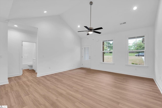 107A W Stewart St, Pelzer, SC 29669 - unfurnished living room with ceiling fan, recessed lighting, light wood-style floors, baseboards, and high vaulted ceiling