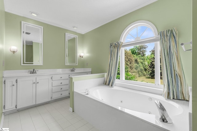full bath featuring ornamental molding, tile patterned floors, a whirlpool tub, and double vanity