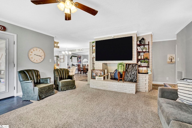 103 Mississippi Dr, Clinton, SC 29325 - living area featuring ceiling fan, ornamental molding, a chandelier, carpet, and baseboards