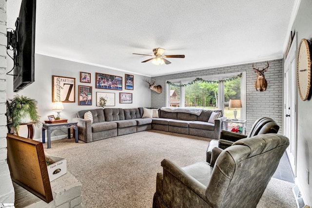 103 Mississippi Dr, Clinton, SC 29325 - carpeted living area featuring ceiling fan, a textured ceiling, and crown molding