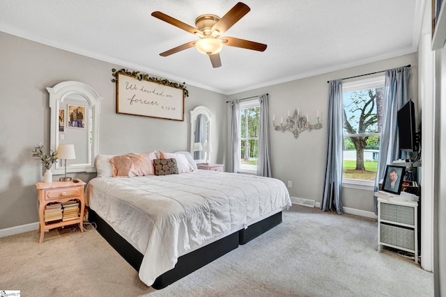 103 Mississippi Dr, Clinton, SC 29325 - bedroom featuring ornamental molding, baseboards, light carpet, and ceiling fan
