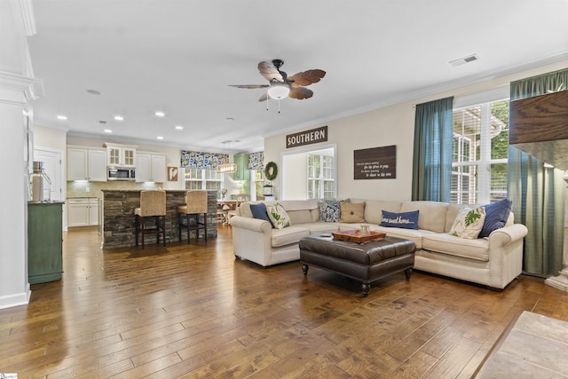 101 Belgian Blue Way, Fountain Inn, SC 29644 - living room featuring ornamental molding, plenty of natural light, a ceiling fan, dark wood-type flooring, and recessed lighting