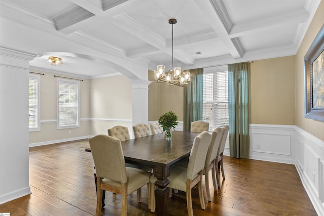 101 Belgian Blue Way, Fountain Inn, SC 29644 - dining room featuring ornate columns, arched walkways, a chandelier, plenty of natural light, and coffered ceiling