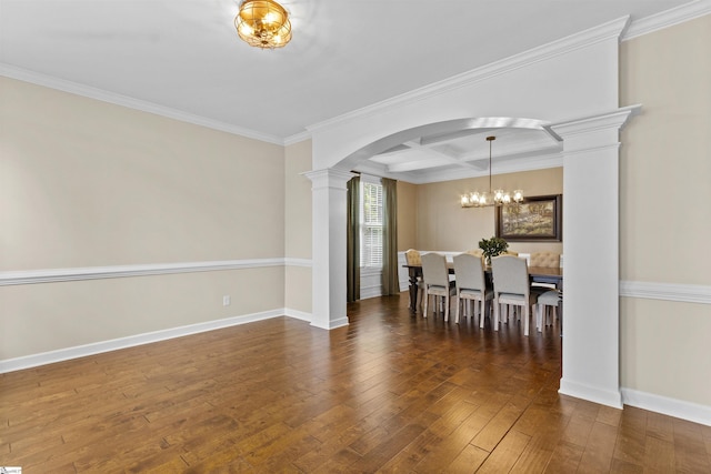101 Belgian Blue Way, Fountain Inn, SC 29644 - dining area with decorative columns, a chandelier, arched walkways, hardwood / wood-style floors, and crown molding