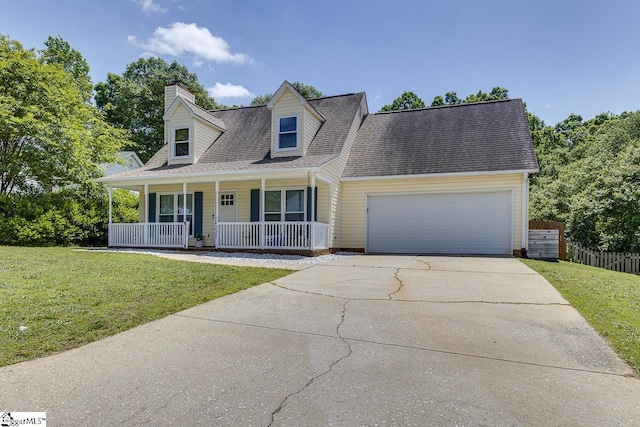 221 Twin Falls Dr, Simpsonville, SC 29680 - cape cod-style house with covered porch, driveway, an attached garage, a chimney, and a shingled roof