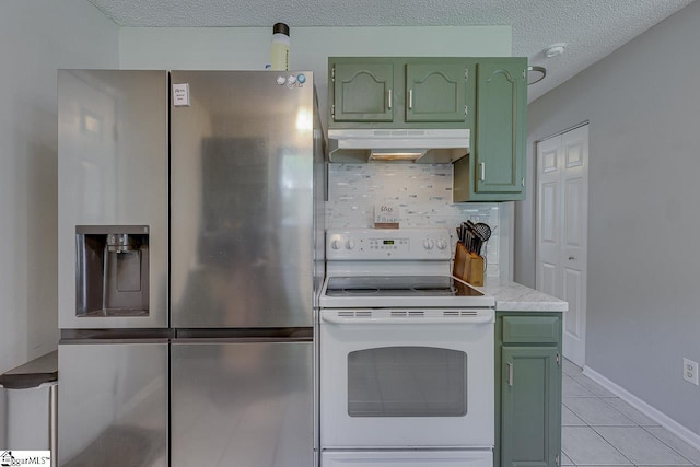 221 Twin Falls Dr, Simpsonville, SC 29680 - kitchen with green cabinets, stainless steel fridge with ice dispenser, white range with electric stovetop, under cabinet range hood, and tasteful backsplash