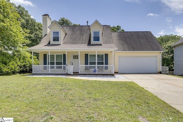 221 Twin Falls Dr, Simpsonville, SC 29680 - cape cod-style house with an attached garage, driveway, a porch, a front lawn, and a chimney