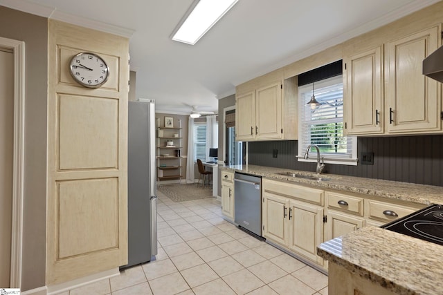kitchen with stainless steel appliances, a sink, crown molding, light tile patterned floors, and light brown cabinetry