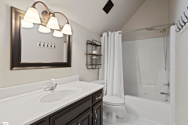 full bathroom with toilet, vaulted ceiling, shower / bath combo, vanity, and tile patterned flooring
