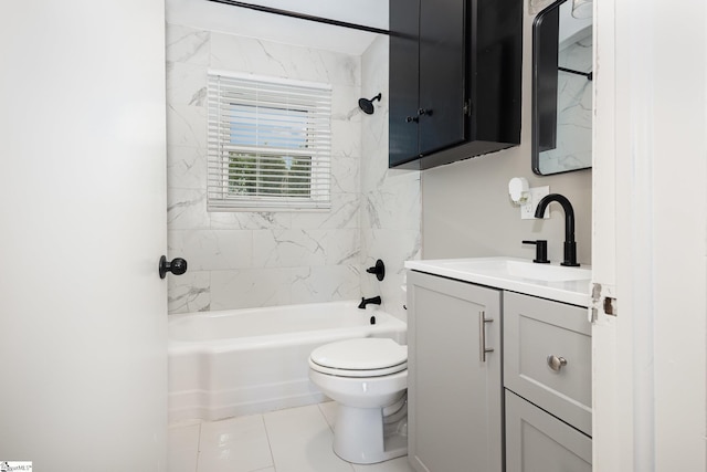 bathroom featuring toilet, vanity, bathtub / shower combination, and tile patterned floors