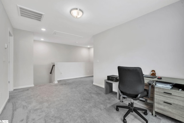 home office with attic access, carpet, baseboards, and recessed lighting