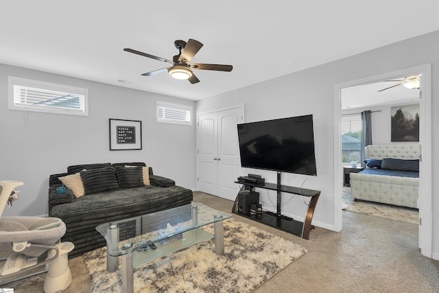 110 Strongridge Trl, Simpsonville, SC 29681 - living area featuring a ceiling fan, carpet, and plenty of natural light