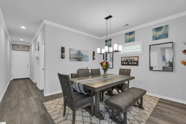 110 Strongridge Trl, Simpsonville, SC 29681 - dining space with ornamental molding, a chandelier, baseboards, dark wood-style flooring, and recessed lighting